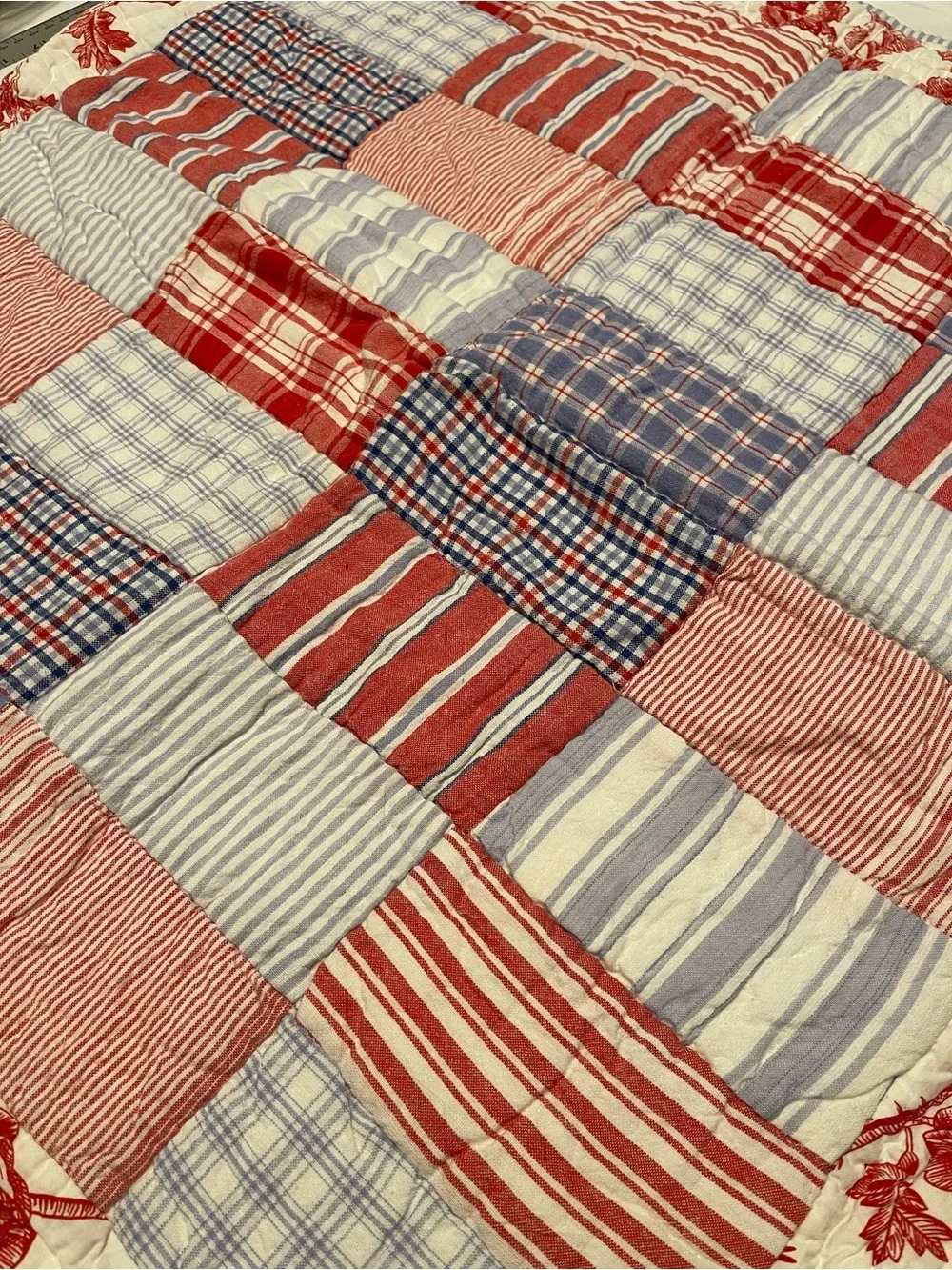 Pottery Barn Red, Blue & Cream Patchwork Quilted Shams (2) 26x26 Americana Vibes